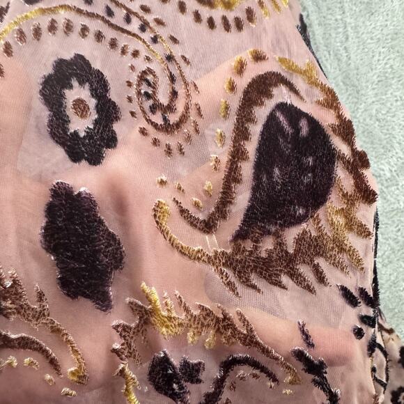 Japna Cardigan S Burn-Out Burgundy Gold Rose Paisley Floral Open Front Tassel - Picture 3 of 8